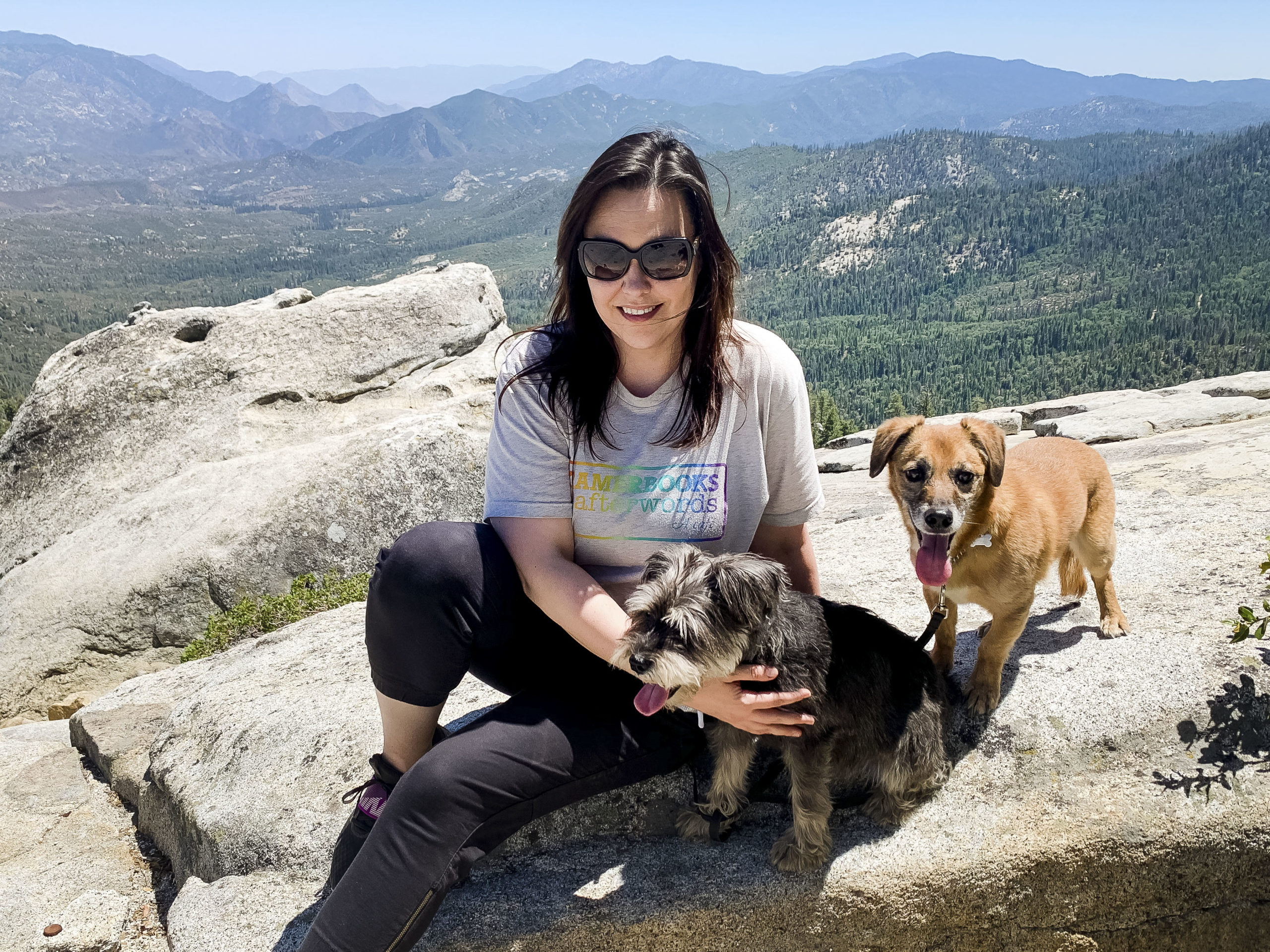 woman and two dogs on large rock overlooking forest