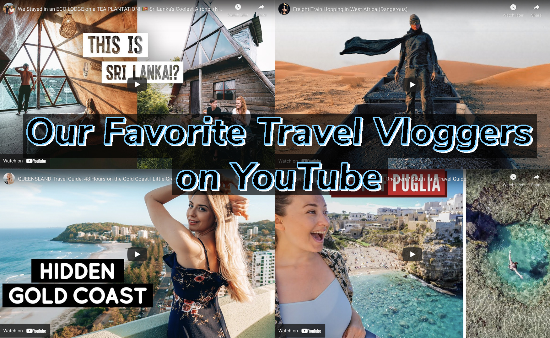 thumbnails of four different YouTube videos by travel vloggers