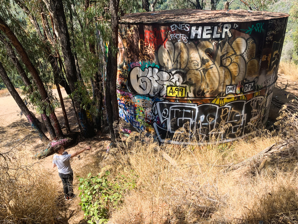 a man in a field by an abandoned and grafittied water tower