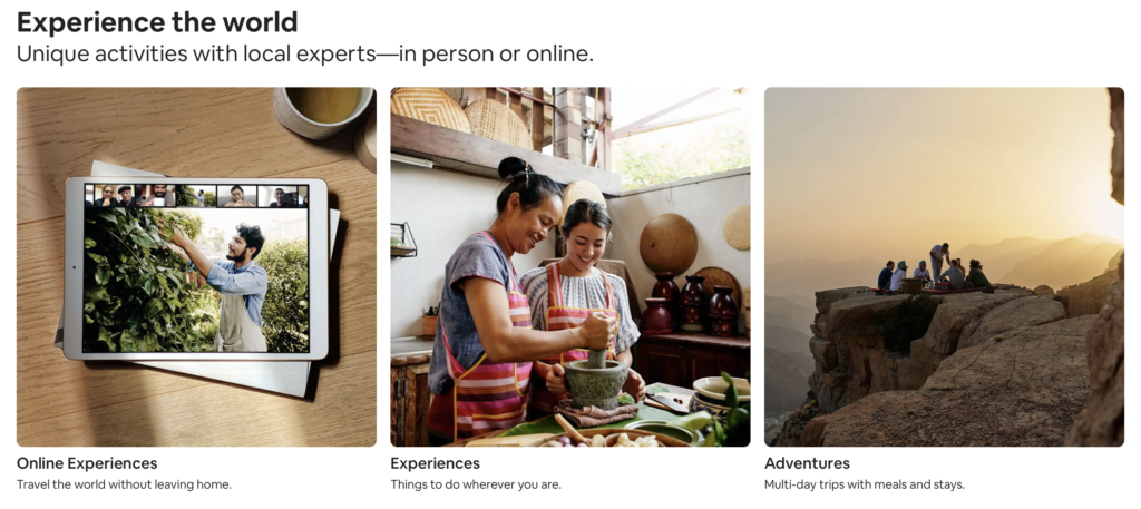 a screen shot from airbnb's website, advertising their experiences