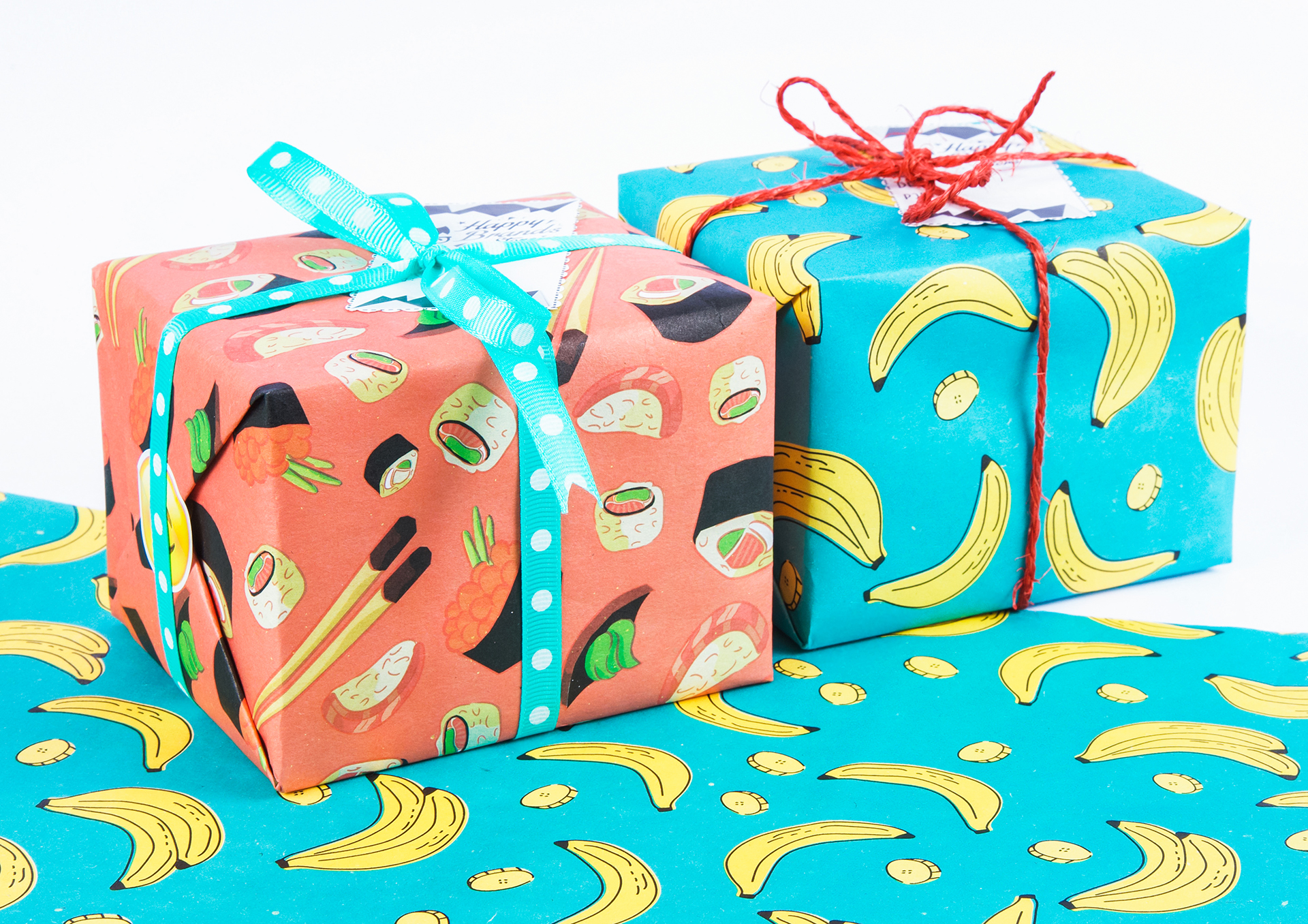 two colorfully wrapped packages
