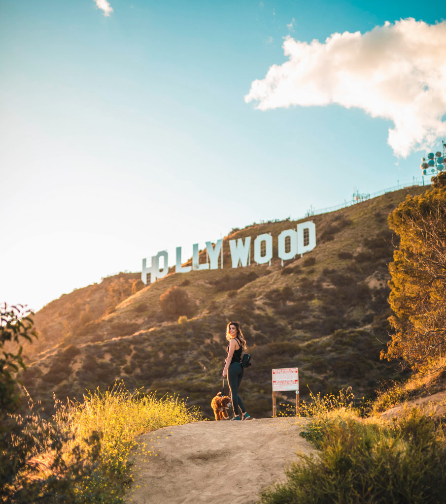 a woman walks a small brown dog up to the Hollywood sign, on of the many dog-friendly things to do in Los Angeles.