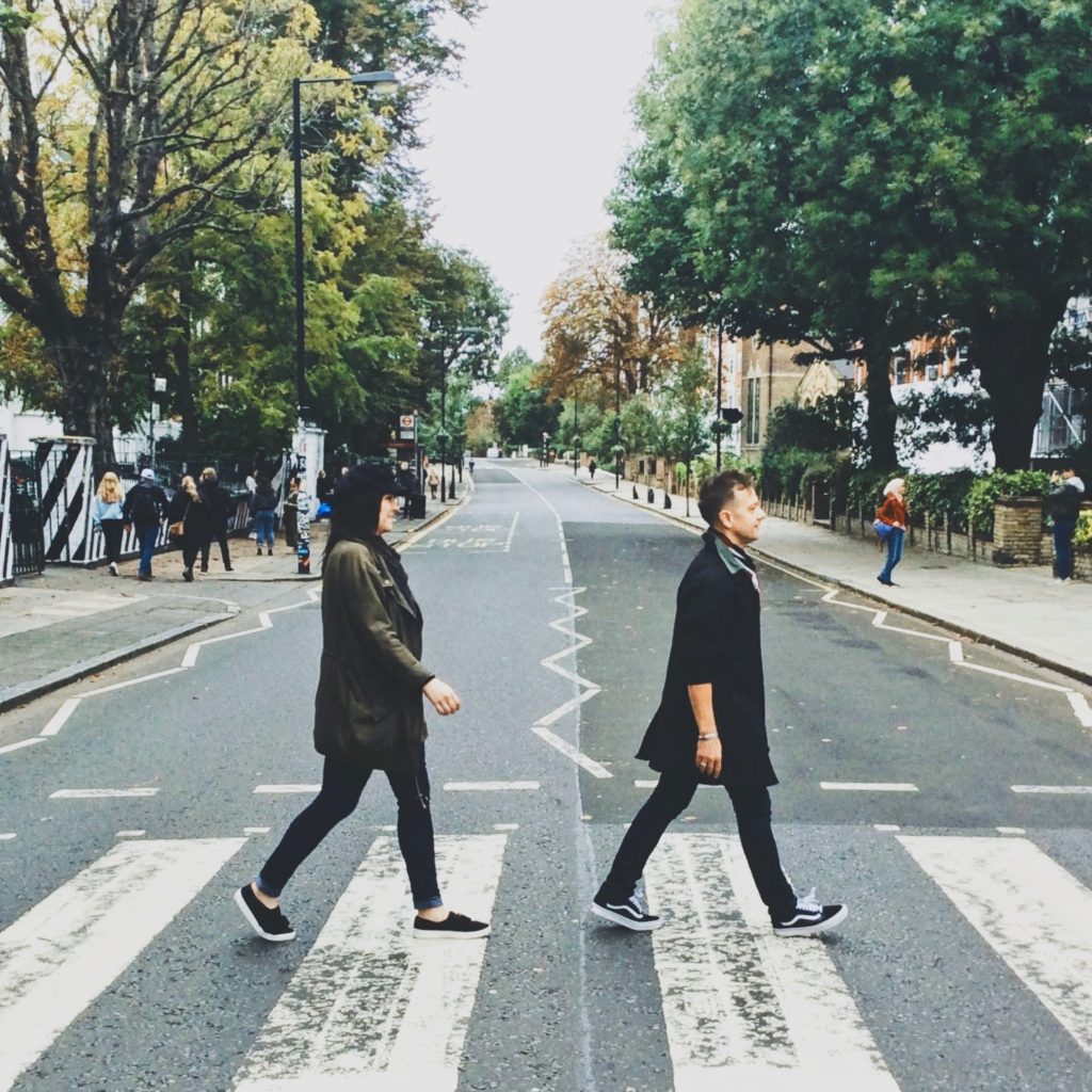 Stephen & Andie cross the street at the famous Abbey Road crossing in London, England. 48 hours in London