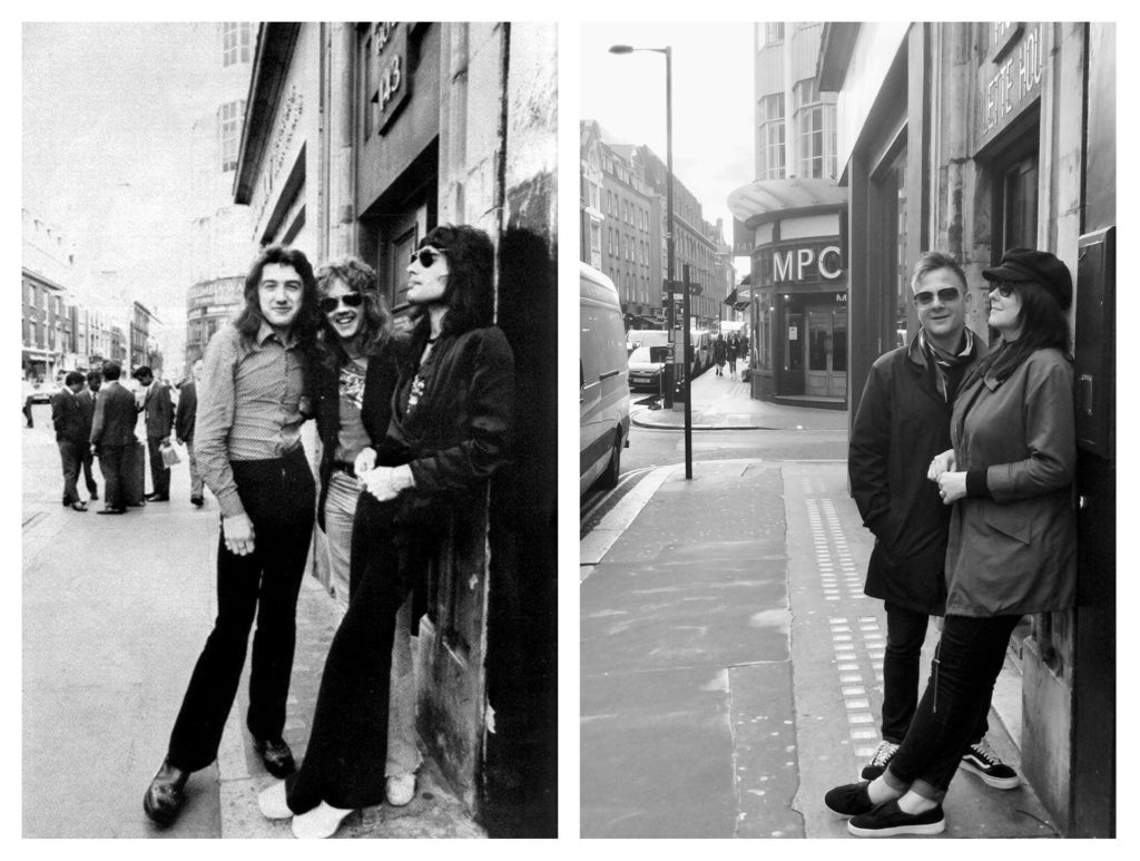 a photo of rock band Queen taken in Soho, London, next to a photo of Stephen and Andie in the same place and pose decades later