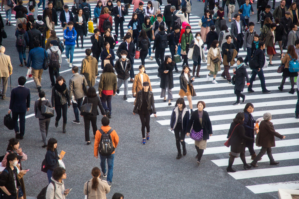 Shibuya Crossing – or Shibuya Scramble – from the second floor of a nearby building