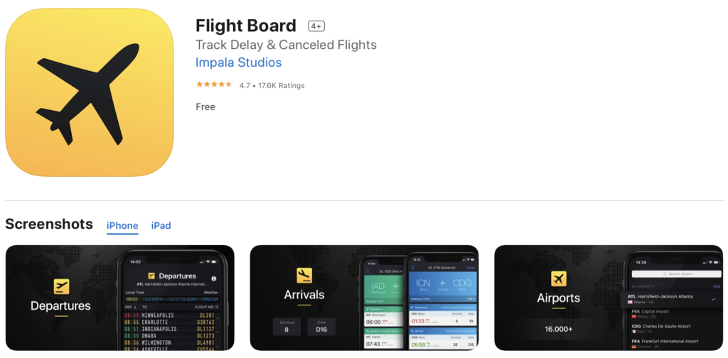 Screen shot of the Flight Board app