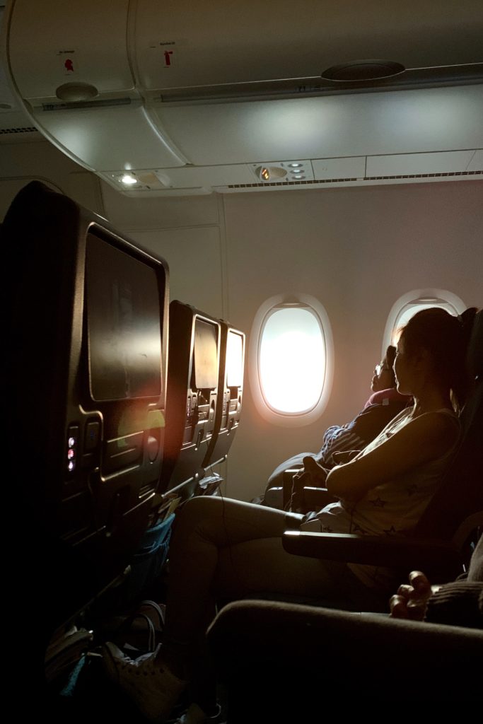 young woman sitting on an airplane