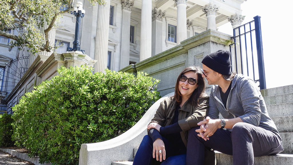 sitting outside of the Customs House in Charleston, SC