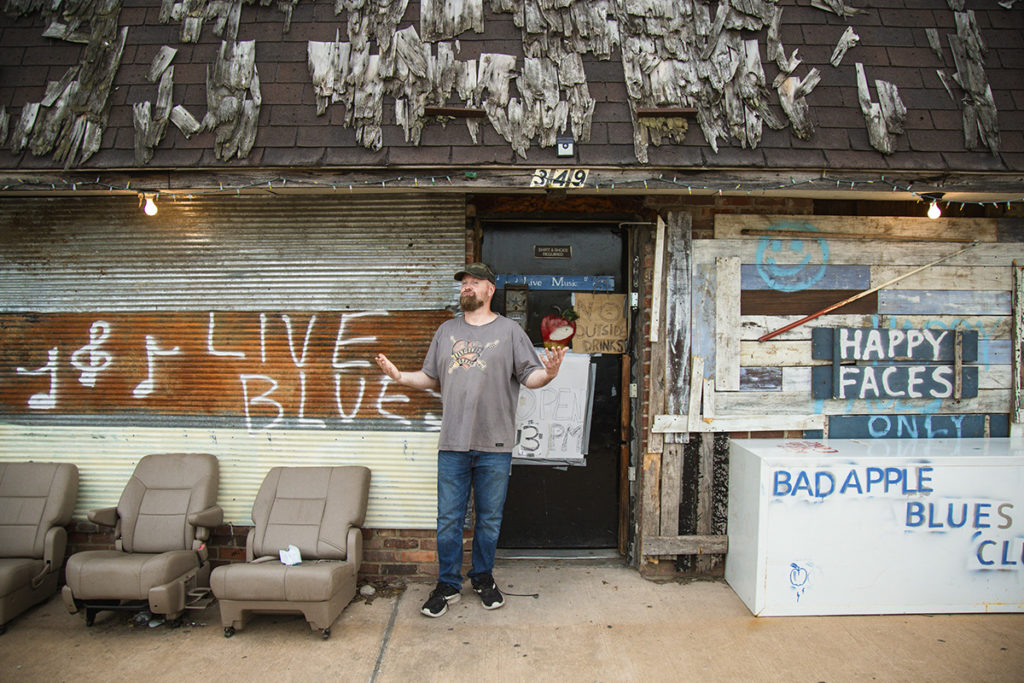 Sean Apple poses outside of his blues club, Bad Apple Blues Club, in Clarksdale, Mississippi