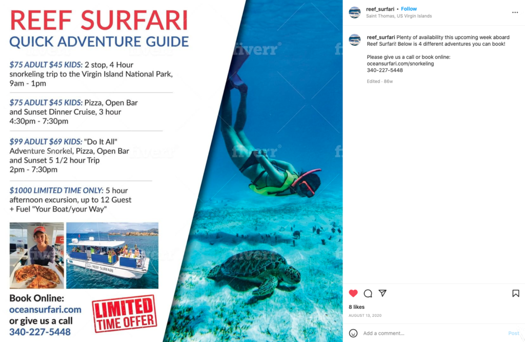 Advertisement showing the Reef Surfari Quick Adventure Guide from Ocean Surfari, including prices for different snorkeling excursion packages and photos of a person snorkeling with a sea turtle, the snorkel boat, and pizza on board