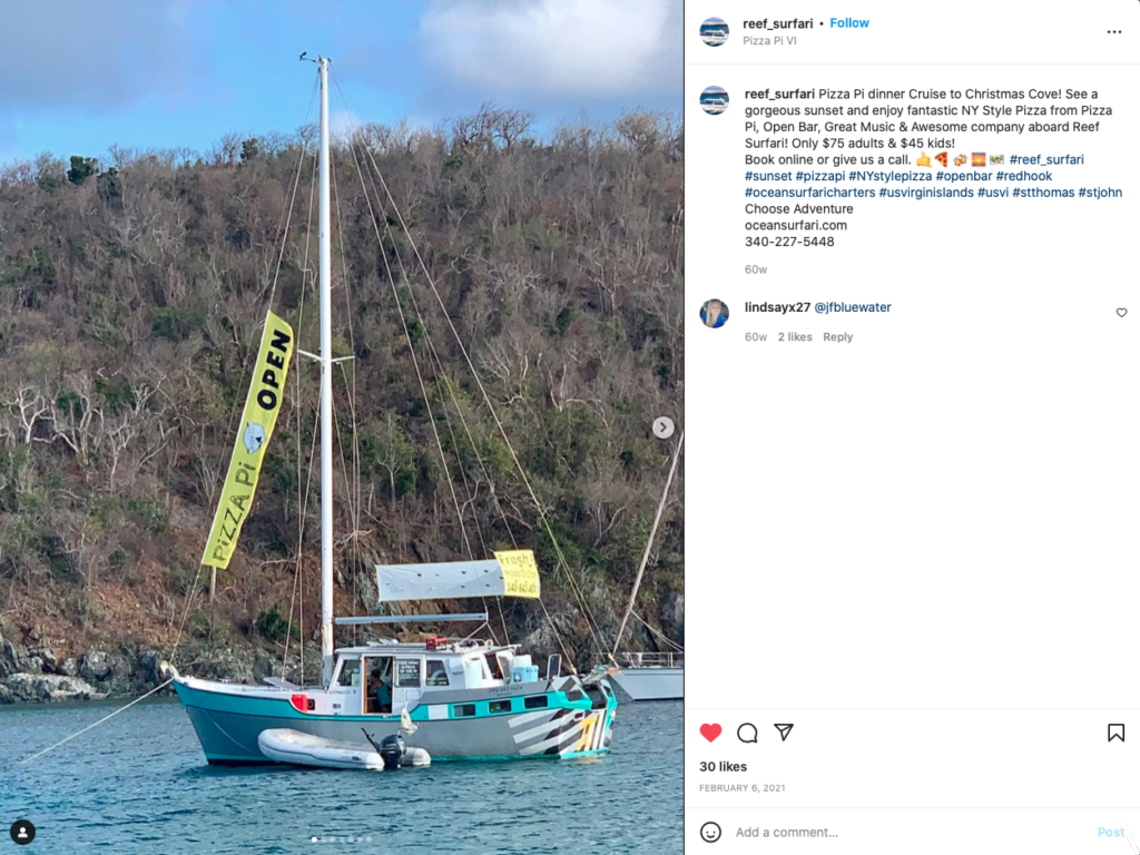 Pizza Pi pizzeria boat, on the water in U.S. Virgin Islands