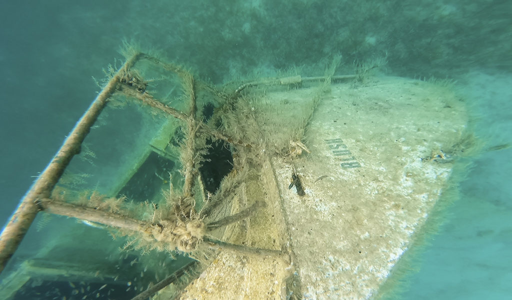 sunken ship seen during snorkeling excursion with the word "blush" on the bow. Virgin Islands National Park near St. John, U.S. Virgin Islands