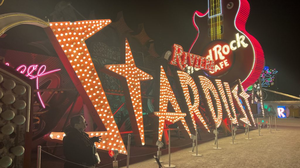 some of the retired, classic, vintage Las Vegas signs, now fully refurbished and lighted at The Neon Museum in Las Vegas. Such as The Stardust, The Riviera, and The Hard Rock Cafe