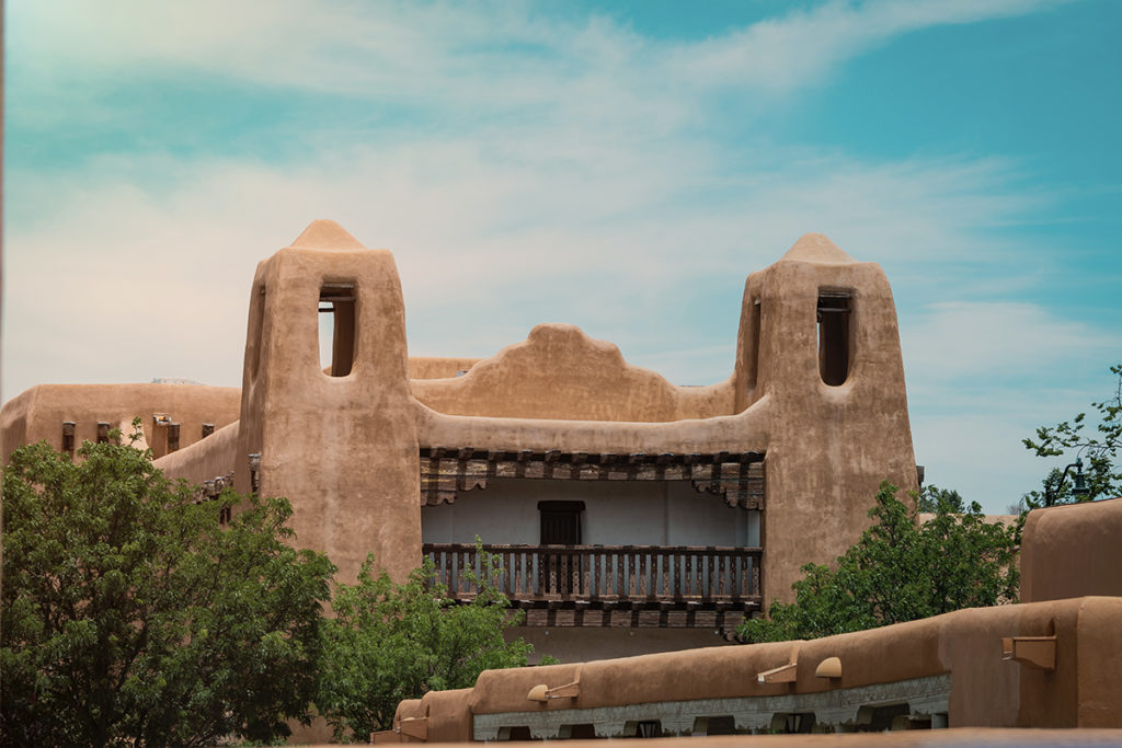 an adobe-style monastery building in New Mexico