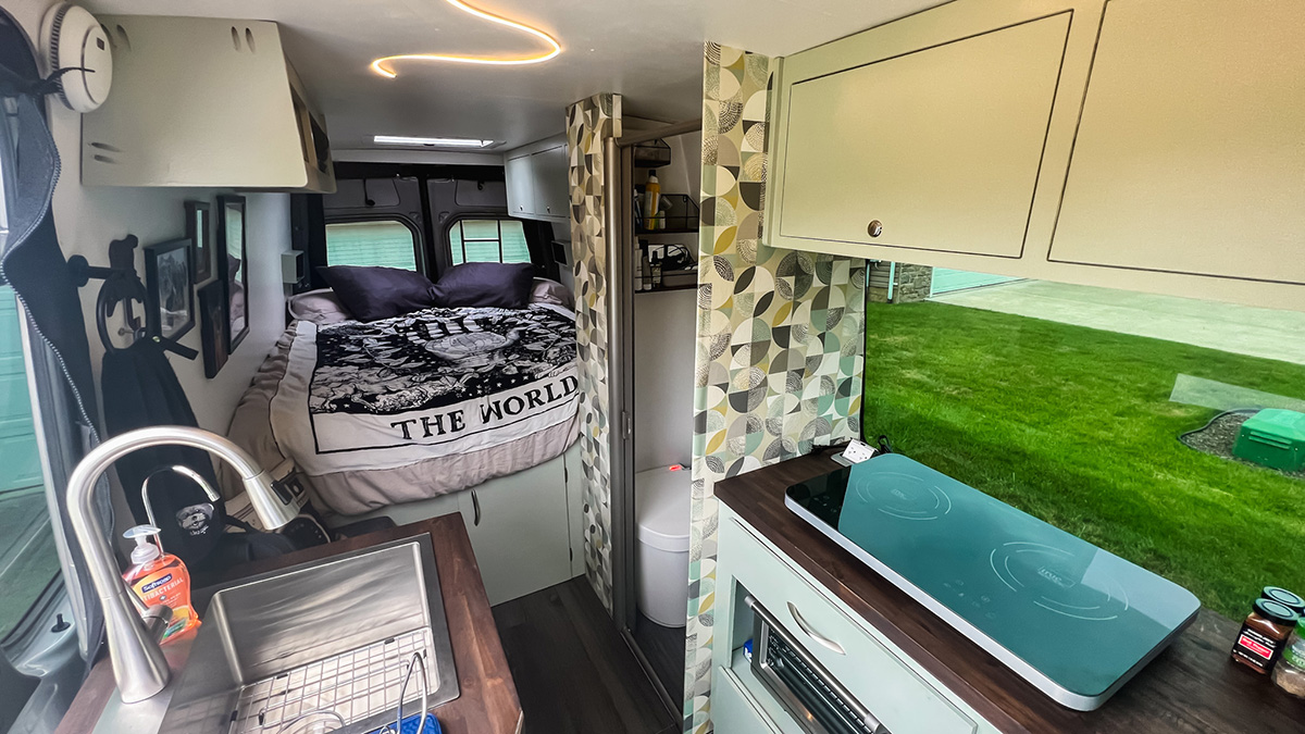 inside of Stephen & Andie's DIY-built Sprinter camper van.