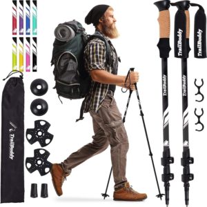 bearded man walking with hiking poles
