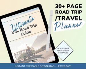 A graphic showing Stephen and Andie's Ultimate Road Trip Guide 30 page road trip travel planner